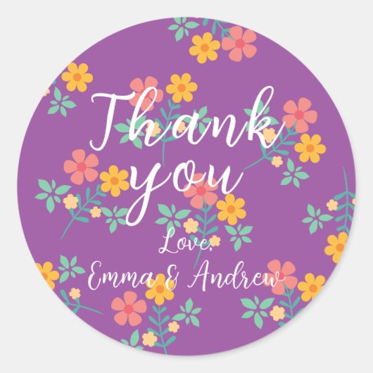 Sticker Rond Motif de bouquet Retro Daisy en Merci violet (Devant)