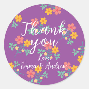 Sticker Rond Motif de bouquet Retro Daisy en Merci violet