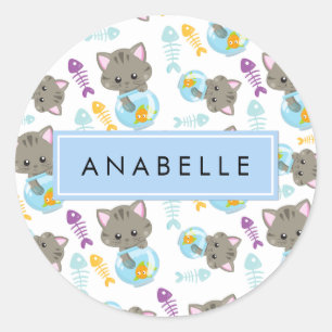 Sticker Rond Motif De Chats, Chats Mignons, Chatons, Votre Nom