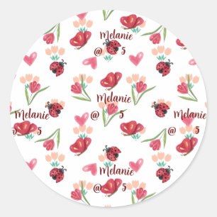 Sticker Rond Motif de coeur de la coccinelle, du papillon et de