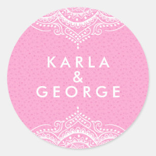 Sticker Rond Motif de dentelle blanche et de coeurs roses