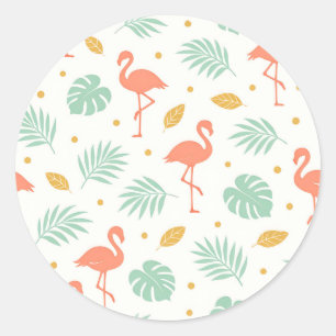 Sticker Rond Motif de feuille tropicale flamant corail