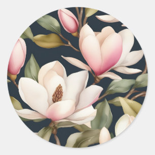 Sticker Rond Motif De Fleurs Magnolia Blanches Et Roses