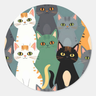 Sticker Rond Motif de foule de chats de dessin animé colorés