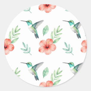 Sticker Rond Motif de Hibiscus à Colibri Turquoise