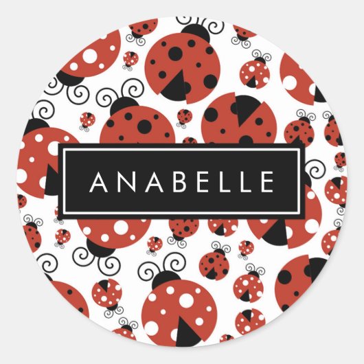 Sticker Rond Motif De Ladybugs, Red Ladybugs, Votre Nom (Devant)