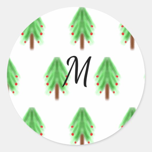 Sticker Rond Motif de Noël simple aquarelle ajouter monogramme (Devant)