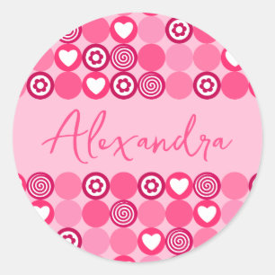 Sticker Rond Motif de nom de cœur rose et de fleurs mignon pour