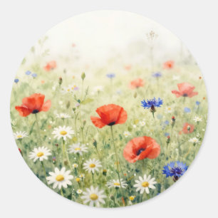 Sticker Rond Motif de pré à l'aquarelle avec pavot, marguerite