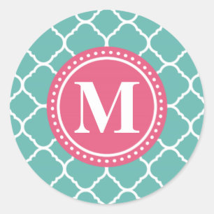 Sticker Rond Motif de Quatrefoil rose Turquoise
