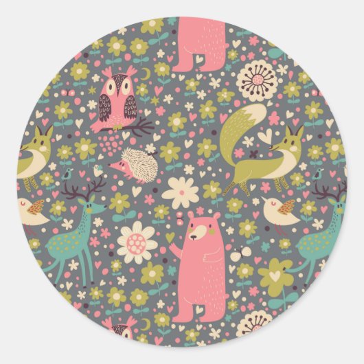 Sticker Rond Motif des animaux de forêt mignons (Devant)