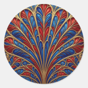 Sticker Rond Motif éventail paon orné rouge bleu or royal