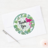 Sticker Rond Motif Feuille tropical et Flamant rose rose Merci (Enveloppe)