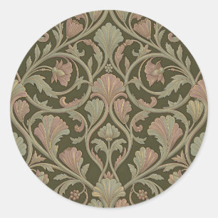 Sticker Rond Motif Floral Art Nouveau Vert Foncé Rose Vintage