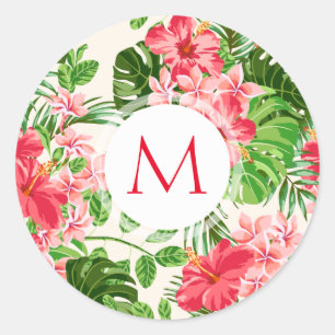 Sticker Rond Motif floral Monogramme rouge Hibiscus Arrondi