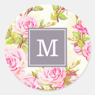 Sticker Rond Motif floral personnalisé Vieux Rose Monogramme R 