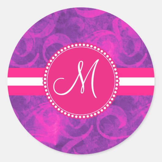 Sticker Rond Motif floral rose violet monogramme (Devant)