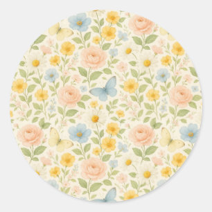 Sticker Rond Motif floral vintage coloré avec papillons