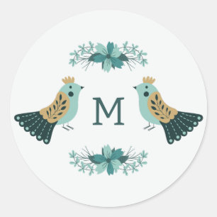 Sticker Rond Motif folklorique scandinave avec oiseaux et fleur
