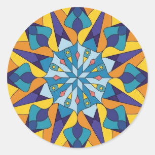 Sticker Rond Motif géométrique fractal bleu et jaune