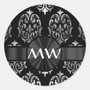 Sticker Rond Motif gris argenté et noir damassé