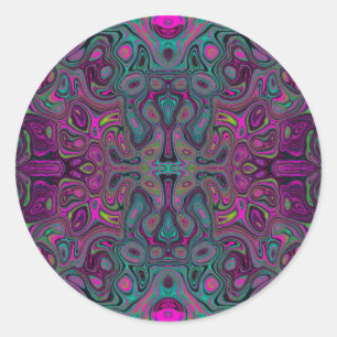 Sticker Rond Motif Groovy Abstrait Magenta et Bleu Sarcelle