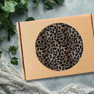 Sticker Rond Motif Léopard Brun Noir Or Paillettes Luxe