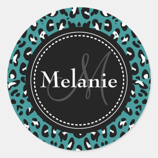 Sticker Rond Motif Léopard noir Turquoise monogramme (Devant)