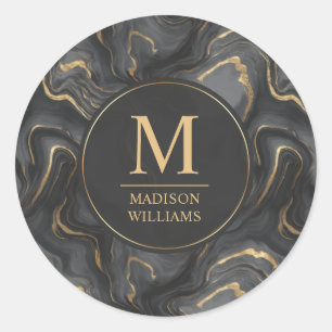 Sticker Rond Motif Marbre Paillettes Or Personnalisé Gris Noir