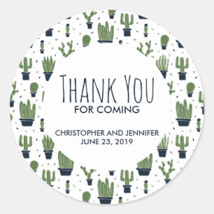 Sticker Rond Motif Mariage de cactus vert foncé Merci