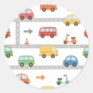 Sticker Rond Motif Mignon de Véhicules Routiers pour Enfants