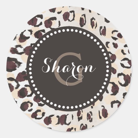 Sticker Rond Motif moderne chic brun cheetah imprimé monogramme (Devant)