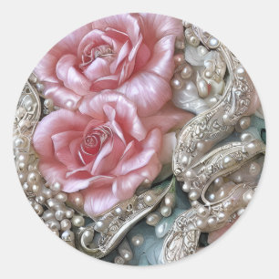 Sticker Rond Motif Perles vintages et roses roses roses