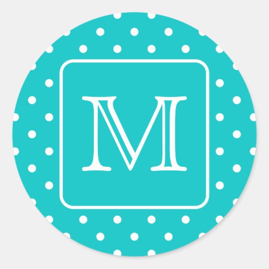 Sticker Rond Motif Polka turquoise et blanc. Monogramme personn (Devant)
