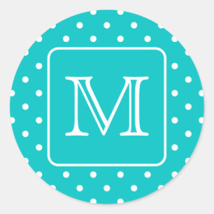 Sticker Rond Motif Polka turquoise et blanc. Monogramme personn