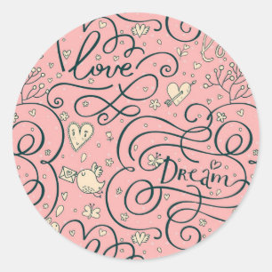 Sticker Rond Motif romantique avec Coeurs et Oiseaux