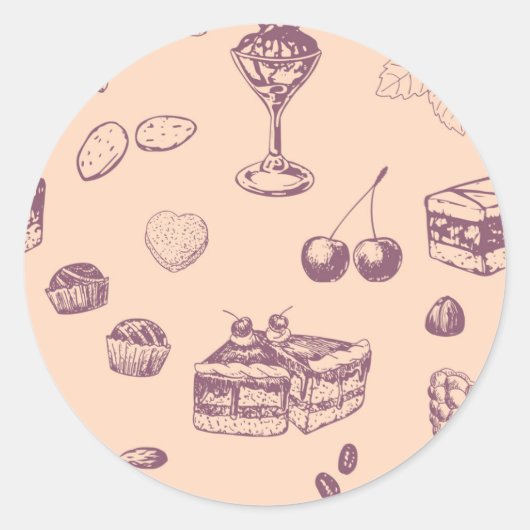 Sticker Rond Motif sucré avec des desserts variés. (Devant)