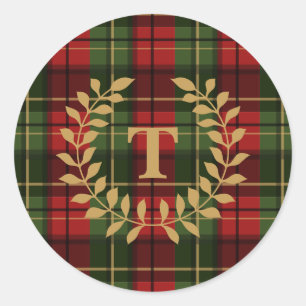 Sticker Rond Motif Tartan à Carreaux Rouges et Verts avec Monog