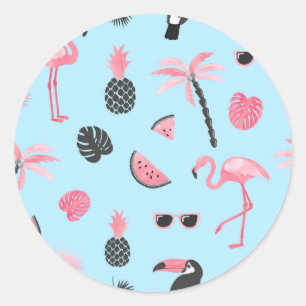 Sticker Rond Motif tropical d'été rose et bleu