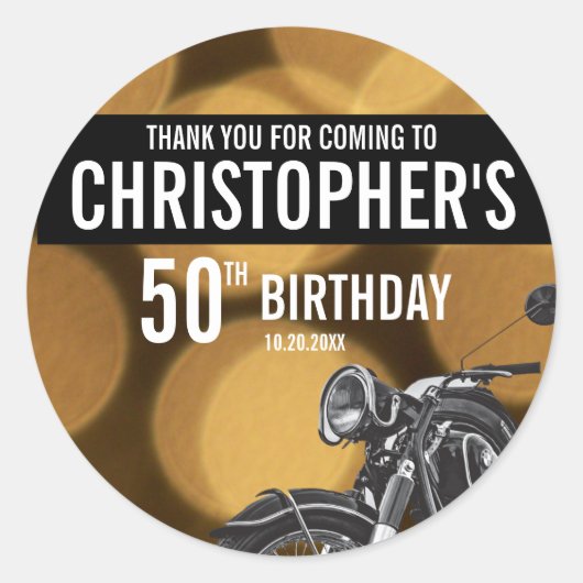 Sticker Rond Moto thème, 50ème anniversaire, Or et noir (Devant)