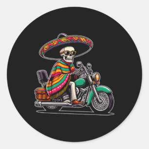 Sticker Rond Motorcycle Skeleton Biker Mexicain Sombrero Cinco