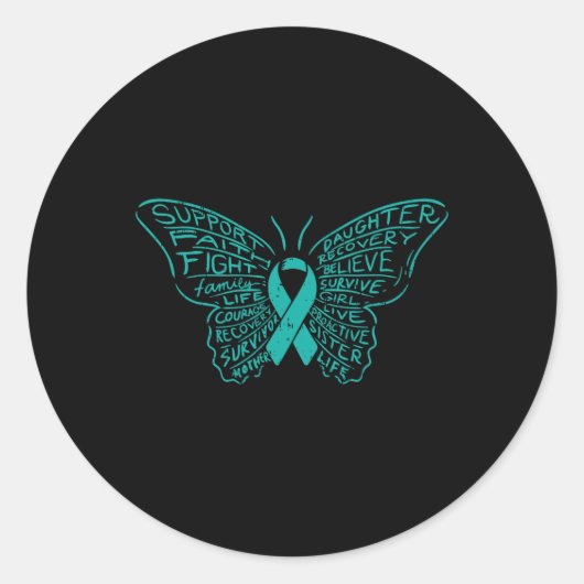 Sticker Rond Mots Papillon Turquoise Ribbon Support Cancer de l (Devant)