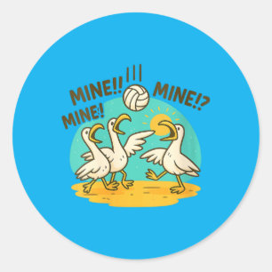 Sticker Rond Mouettes drôles de volley-ball de plage de dessin 