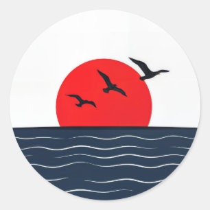 Sticker Rond Mouettes sur Soleil Rouge avec Océan