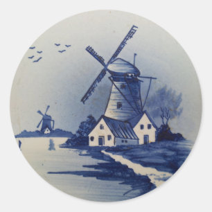 Sticker Rond Moulin à vent bleu blanc de Delft vintage