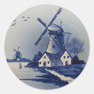 Sticker Rond Moulin à vent bleu blanc Delft vintage