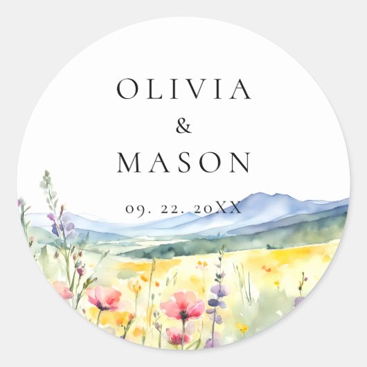 Sticker Rond Mountain Wildflowers Meadow Modern Floral Wedding (Devant)