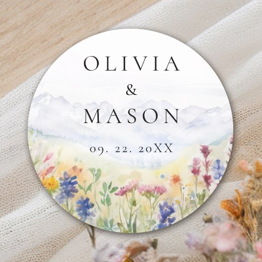 Sticker Rond Mountains Wildflowers Meadow Rustic Floral Wedding