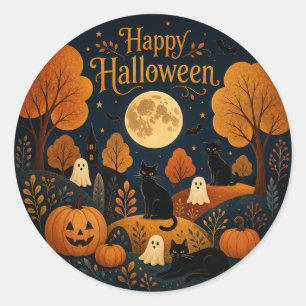 Sticker Rond Moustaches et fantômes d'Halloween au clair de lun