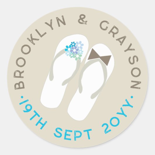 Sticker Rond Mr & Mrs Blue Flowers Flip Flops Plage Mariage (Devant)